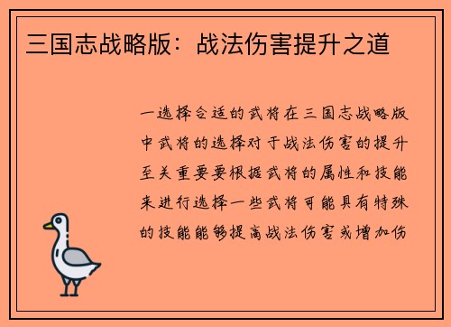 三国志战略版：战法伤害提升之道